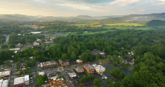 Charming historical architecture in Brevard, North Carolina. Small Appalachian town in Transylvania County with traditional buildings and walkable downtown.
