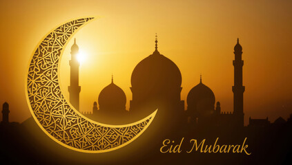 Golden crescent moon and mosque silhouette at sunset, eid mubarak greeting