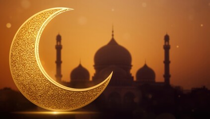 Sparkling golden crescent moon with mosque silhouette at sunset, festive atmosphere