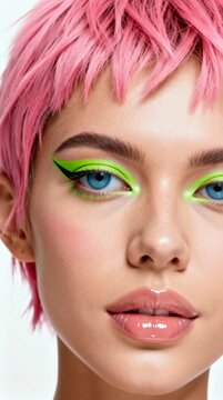 Vibrant neon eye makeup portrait, pink pixie haircut beauty closeup, glossy lips fashion cosmetics video background