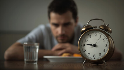 Man looking at an alarm clock on a table with a glass of water and a plate of food, waiting for mealtime