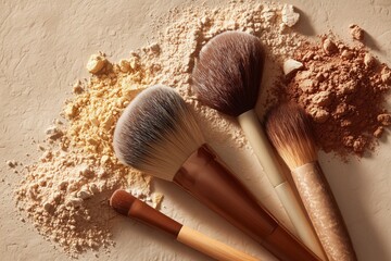 Makeup brushes and colorful powders arranged in a creative flat lay, representing beauty, cosmetics, and artistic expression. 