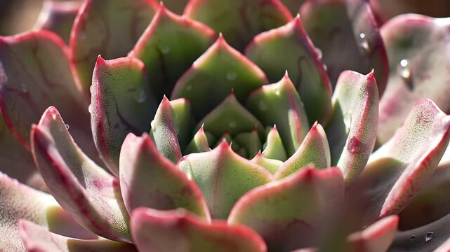 Macro push-in on vibrant succulent rosette intricate patterns and varied hues with sunlit waxy leaves