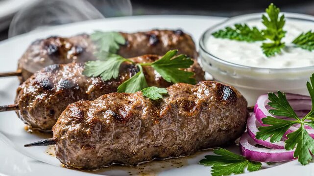 Grilled Lamb Kofta Kebabs on White Plate