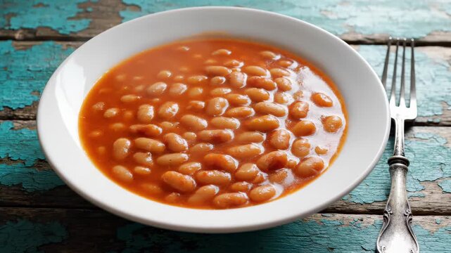 Top View of White Bowl Filled with Baked Beans in Sauce
