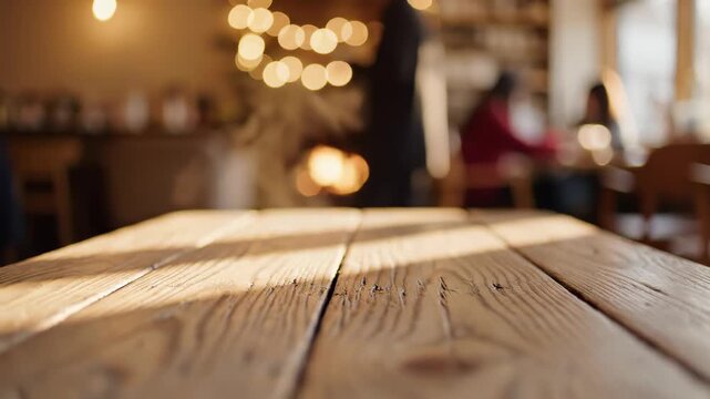 Empty Weathered Light Wood Table in Cozy Cafe Setting