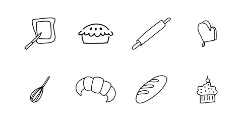 Hand Drawn Outline Vector Set of Bakery and Kitchen Items: Toast, Pie, Rolling Pin, Oven Mitt, Whisk, Croissant, Baguette, Cupcake