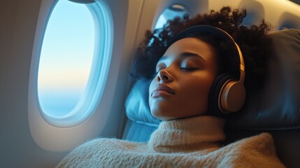 Passenger relaxing in airplane seat wearing headphones during long flight. Peaceful travel scene with passenger listening to music on airplane 