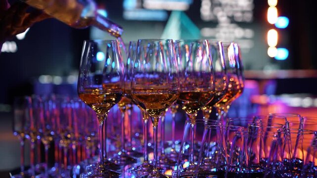 The waiter pours white wine into the glass. Sommelier waiter pouring white wine into glasses at indoor party. A waiter pours white wine into glasses in a restaurant.