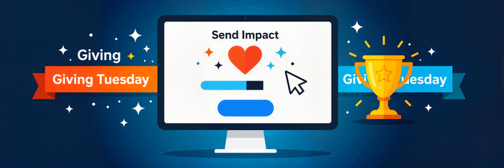 Stylized retro desktop mockup displaying "Send Impact" with heart upload bar and "Giving Tuesday" glitch banner against a chrome blue background, charity and philanthropy concept.