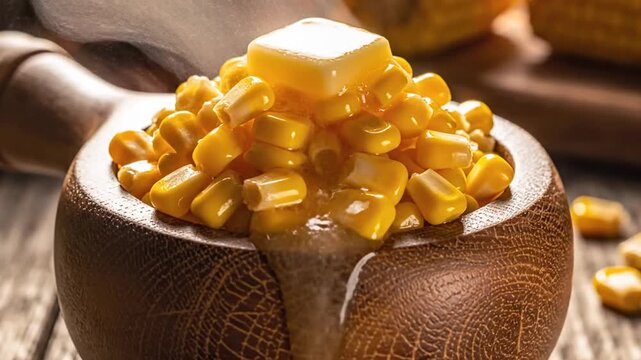 Close up of butter melting on corn kernels in a wooden bowl culinary photography