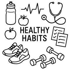 Hand-drawn doodles of water bottle, heartbeat, stethoscope, apples, sneakers