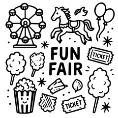 Hand-drawn doodles of ferris wheel, carousel horse, tickets, popcorn, cotton candy