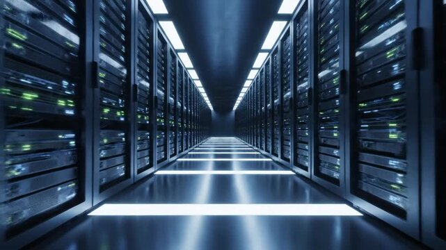 Data center server racks aligned with illuminated pathway and overhead lighting information technology