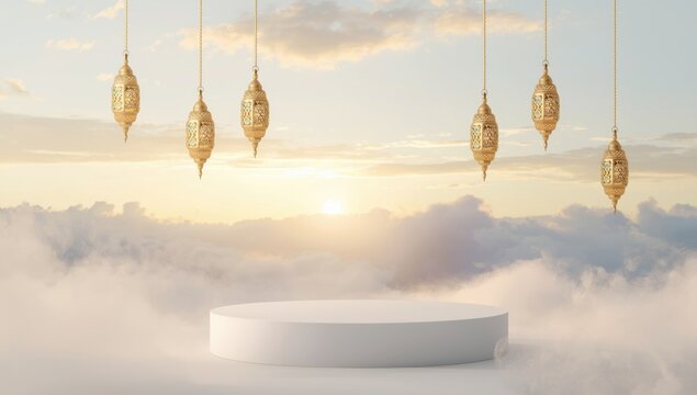A white podium stands amidst soft clouds with golden lanterns hanging above during a sunset