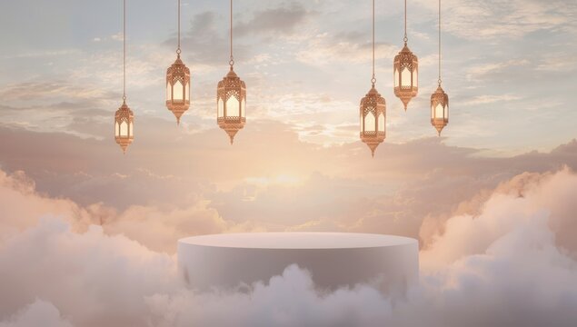 A white podium floats among soft clouds, illuminated by hanging ramadan lanterns against a pastel sunset sky