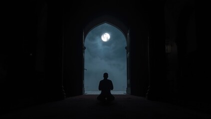 Silhouette of a person praying in an arched doorway under a full moon at night
