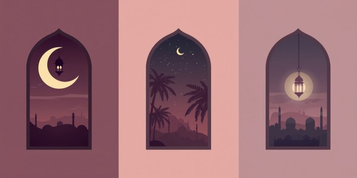 Set of islamic windows showcasing ramadan night scenes with crescent moon, palm trees, and mosque silhouettes