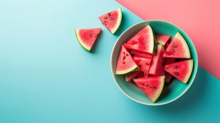 Watermelon slices in bowl on dual color background