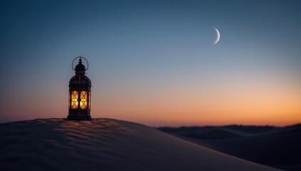 Glowing lantern on a sand dune at twilight with a crescent moon in the sky