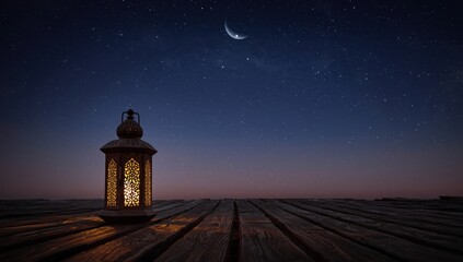 A solitary ornate lantern illuminates a wooden deck under a vast night sky filled with stars and a distant crescent moon