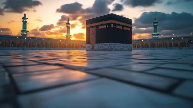 A golden hour illuminates a holy site, featuring a central black structure and tall minarets