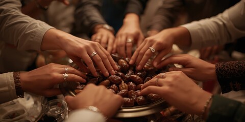 Closeup of multiple hands adorned with rings reaching for dates from a central dish
