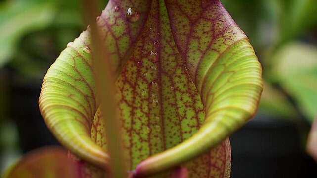 Slow Macro Pan Tropical Pitcher Plant Inner Surface, Glistening Nectar Rim, Vibrant Emerald Crimson Hues