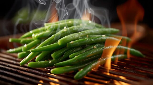 Grilled green beans with smoke and fire sparks on hot grill. Сooking vegetables on open flame