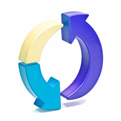 3D icon of circular arrows, representing refresh and continuous interaction in social networks on a white background