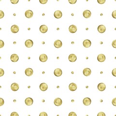 Elegant seamless pattern featuring gold polka dots of varying sizes on a white backdrop. 