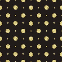 Stylish seamless pattern with gold polka dots in different sizes on a deep black background. Ideal for elegant wallpapers, fabrics, or digital designs with a luxurious, bold aesthetic