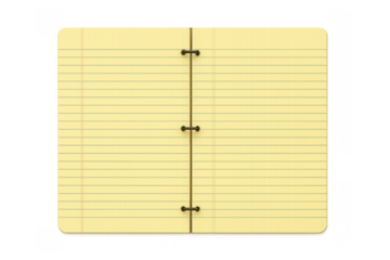 Open yellow legal pad notebook showing blank lined paper with rings, transparent background for writing or notes