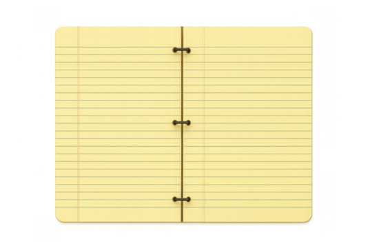 Open yellow legal pad notebook showing blank lined paper with rings, transparent background for writing or notes