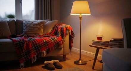 Cozy living room with warm lighting and comfortable decor