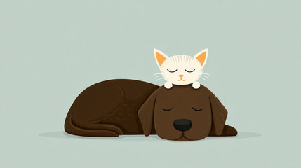 Obraz premium Unlikely friendships: minimalist illustration of a cat and dog napping together