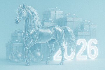 Glass horse surrounded by gifts and Christmas balls with glowing 2026 numbers.