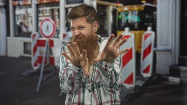 Man pinches nose with both hands while scrunching face in front of traffic barriers on colorful urban street; disgust.