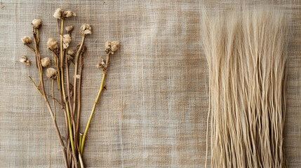 Dried flowers and grasses arranged elegantly on a textured linen background