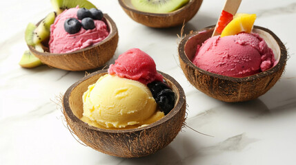Colorful ice cream scoops served in coconut shells with fresh fruits on a marble background