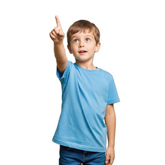 Young Boy in Blue T-shirt Pointing Upwards with Amazed and Curious Expression. High Resolution Transparent png