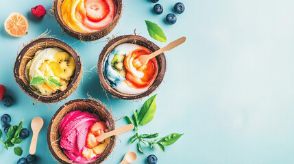 Four vibrant ice cream bowls in coconut shells with fruits and mint on a pastel blue background