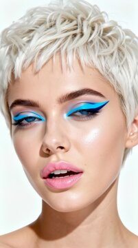 Beauty portrait video, short platinum blonde pixie haircut and bold blue eyeliner makeup, close-up glamorous fashion model