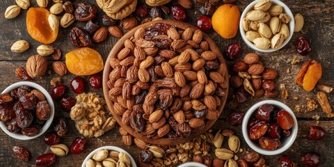 A topdown view of a rustic wooden table filled with assorted nuts and dried fruit