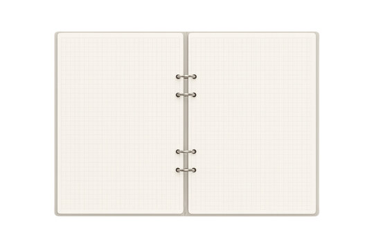 Open blank ring binder organizer with grid paper pages, personal planner for notes and schedules, transparent background
