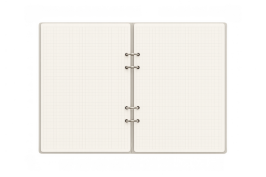 Open blank ring binder organizer with grid paper pages, personal planner for notes and schedules, transparent background