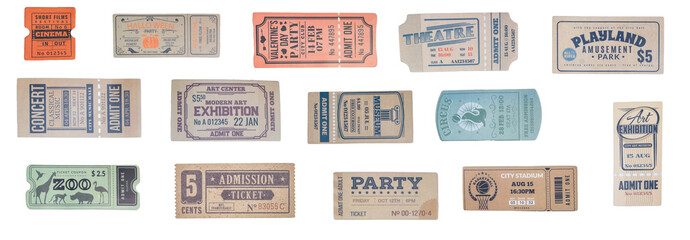 a collection of old vintage ticket isolated on white background