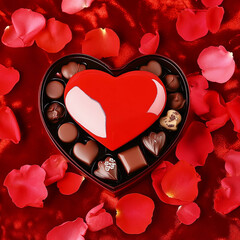 Heart-shaped box of chocolates surrounded by red rose petals on a satin background
