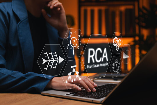 Root Cause Analysis (RCA) concept. Businesswoman analyzing data using root cause analysis on laptop, visualizing workflow, problem-solving process for quality improvement and effective decision making