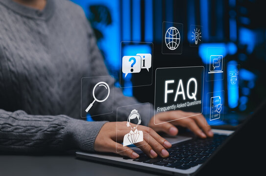 FAQ, Frequently Asked Questions Support Concept. Person using laptop with icon related to search, information, chat, customer service, support represent online help, user assistance, helpdesk, Q and A